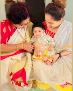 Pooja Ramachandran Instagram - My baby’s first Onam and his 4th month Birthday and missing @highonkokken sooooo much! Happy to have mom with us to celebrate. #onam2023 #kiaankokken #firstonam #keralasaree