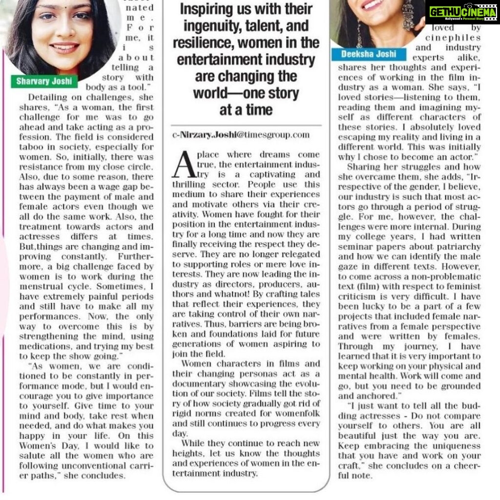 Sharvary Joshi Instagram - On this Women’s Day, here is a message in Times of India, from Sharvary and Deeksha, to all the wonderful women and aspiring actresses. While I talk about being women, conditioned to be constantly under a performance mode, I suggest you give importance to yourself, give time to your mind and body, take rest when needed and do what makes you happy in your life. To those who are passionate about doing something that you love, I say you go ahead and do it with all your might. Give it a shot no matter what society has to say about it. Success will come to your feet sooner or later, just don’t give up. Deeksha, @deekshajoshiofficial, I really appreciate your message for the aspirants, asking not to compare themselves with anyone as they are beautiful in their own way. They should embrace their uniqueness. Absolutely well said. Do read the article. #womensday #happywomensday #empoweredwomen #actress #aspiringactress #aspiringactors #timesofindia #specialedition #women #trending #sharvaryjoshi #deekshajoshi #gujaratiindustry #gujaratifilmindustry #ahmedabad #ahmedabadtimes #actors #akhbar #interview #story #womenempowerment #inspiring #inspiration #womensupportwomen