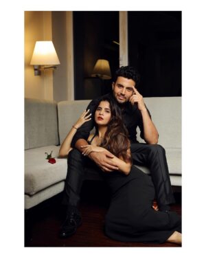 Amruta Deshmukh Instagram - “Someone’s dark fairytale and someone’s twisted fantasy. Together they made magic.” ♥️🖤🪬
•
#Engaged #ForeverTogether #18thNovember 
•
Photos by: @shrutisbagwe 
Hair and MUA: @saurabh_kapade 
Prasad’s Styling: @tanmay_jangam Wearing: @chetansachala