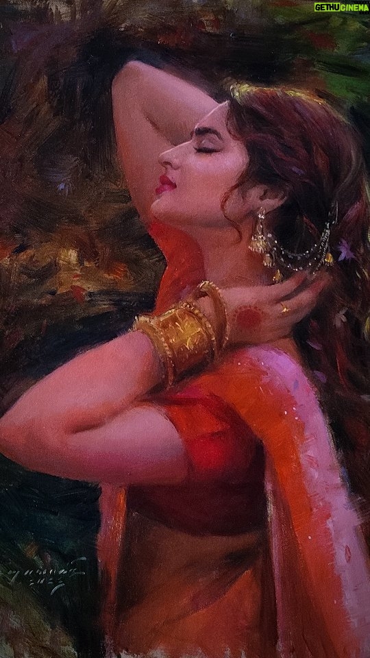 Ayesha Khan Instagram - 'Sampada' Oil on linen, Late night work.. ✨ After long time coming back to oil🔥🥰😁 @ayeshaakhan_official @theoutcastsoul . . #oilpainting #portrait #indiangirl #art Ichalkaranji