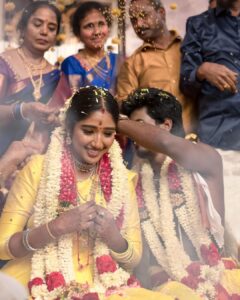 Deepika Venkatachalam Instagram - And then, this magic happened through the golden hour, amidst the sounds of our traditional nadaswaram and parai, with colourful ribbons flying all over us & the breeze causally hitting our faces! We knew we were being blessed by our favourite gods when we tied the knot whilst finding our homes in each other's eyes! :’) 🫶🏼 #RnD #RnDWedding #JustMarried #RVPxDeeps #OurFairyTale . 📸 @sakshi.ramakrishnan Decor @vizhamedai Makeup @snehamnj Styling @stylingbysamiha Jewellery @quillsspills