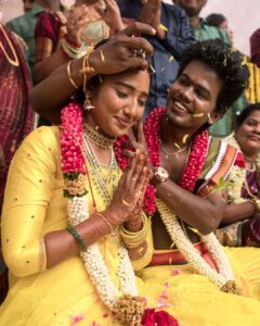 Deepika Venkatachalam Instagram - And then, this magic happened through the golden hour, amidst the sounds of our traditional nadaswaram and parai, with colourful ribbons flying all over us & the breeze causally hitting our faces! We knew we were being blessed by our favourite gods when we tied the knot whilst finding our homes in each other's eyes! :’) 🫶🏼 #RnD #RnDWedding #JustMarried #RVPxDeeps #OurFairyTale . 📸 @sakshi.ramakrishnan Decor @vizhamedai Makeup @snehamnj Styling @stylingbysamiha Jewellery @quillsspills