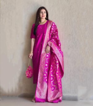 Gungun Uprari Instagram - "Pink isn't just a color. It's an attitude too." 💕
.
.

Unleash your inner diva with the vibrant Magenta Pink Kadhwa Weave Raw Silk Dress Material from Chinaya Banaras! Get the perfect fit with free stitching on your size. Elevate your style and make heads turn! 

@chinayabanaras 🌸
.
.
.
#pink #silk #banarasi #banarasisaree