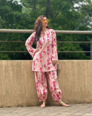 Gungun Uprari Instagram - What you wear is how you present yourself to the world . . . Fashion is instant language.” – Miuccia Prada.
.
.
.
Today in a cool and comfortable mode 
With 
Floral co- ord sets from 

@tara_c_tara 🌸
.
.
Bag @maisonvalentino 
.
.
#pink #barbie