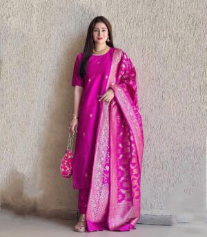 Gungun Uprari Instagram - "Pink isn't just a color. It's an attitude too." 💕
.
.

Unleash your inner diva with the vibrant Magenta Pink Kadhwa Weave Raw Silk Dress Material from Chinaya Banaras! Get the perfect fit with free stitching on your size. Elevate your style and make heads turn! 

@chinayabanaras 🌸
.
.
.
#pink #silk #banarasi #banarasisaree