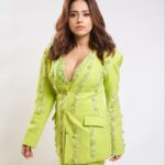 Nushrratt Bharuccha Instagram - Sunday - POP 💚 . . . . . Pant-suit : @nirmooha Earrings : @ishhaara Hair : @kajal._komal Stylist : @nidhijeswani Photographer : @mediamansionx