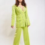 Nushrratt Bharuccha Instagram - Sunday - POP 💚 . . . . . Pant-suit : @nirmooha Earrings : @ishhaara Hair : @kajal._komal Stylist : @nidhijeswani Photographer : @mediamansionx