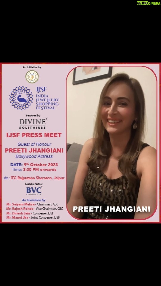 Preeti Jhangiani Instagram - GJC invites for the India Jewellery Shopping Festival (IJSF) Press Meet Date - 9th October 2023 Time - 3 PM onwards Venue - ITC Rajputana Sheraton, Jaipur Guest of Honour: Bollywood Actress Preeti Jhangiani @jhangianipreeti @saiyam.mehra @raj__rokde @dineshmjain @manojjha9449 #ijsf#indianjewellery#shoppingfestival#preetijhangiani #pressmeet#gjc# Jaipur, Rajasthan