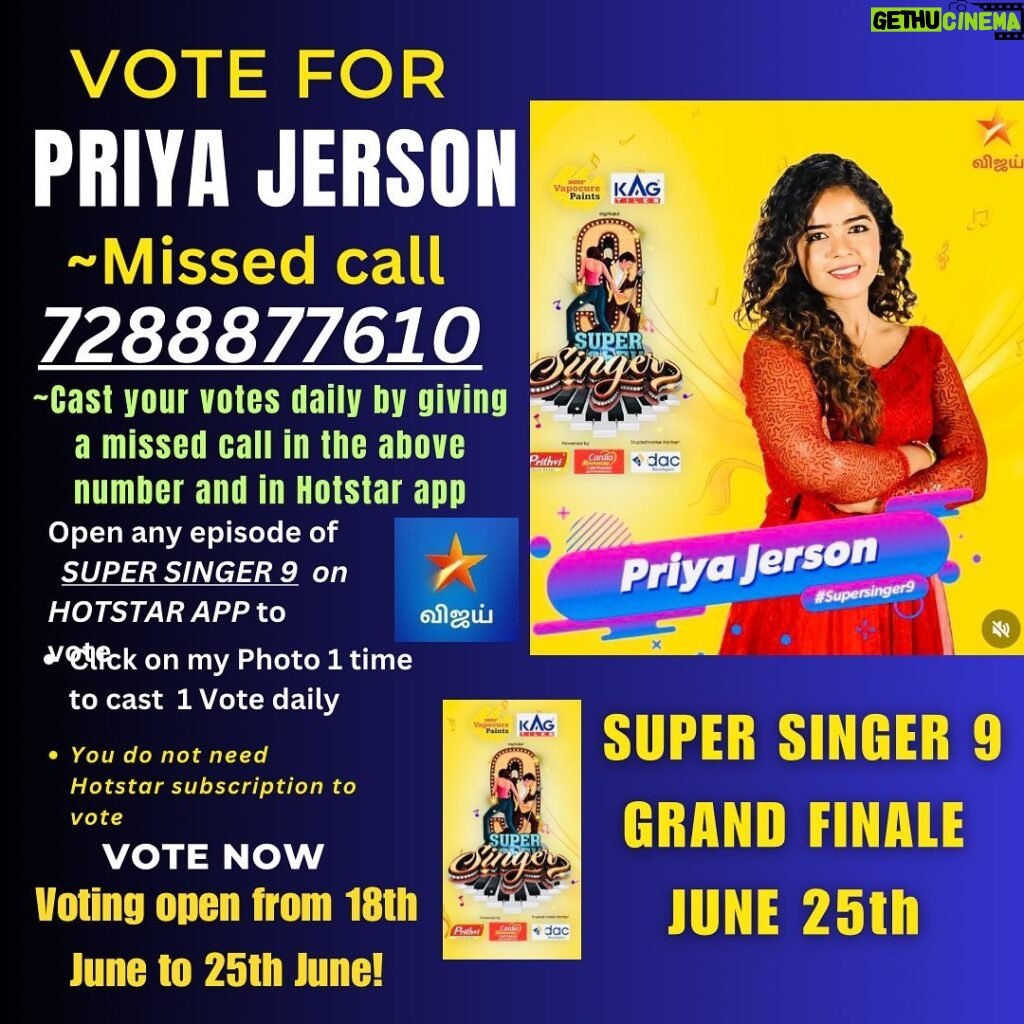 Priya Jerson Instagram - Pls do vote for your favourite contestant today and if im your favourite contestant just give me a missed call @ 7288877610 Thank you❤️❤️❤️ pls dont miss your daily votes which is open till June 25th😬🙏🏽 #supersinger #supersinger9 #vijaytelevision #priyajerson