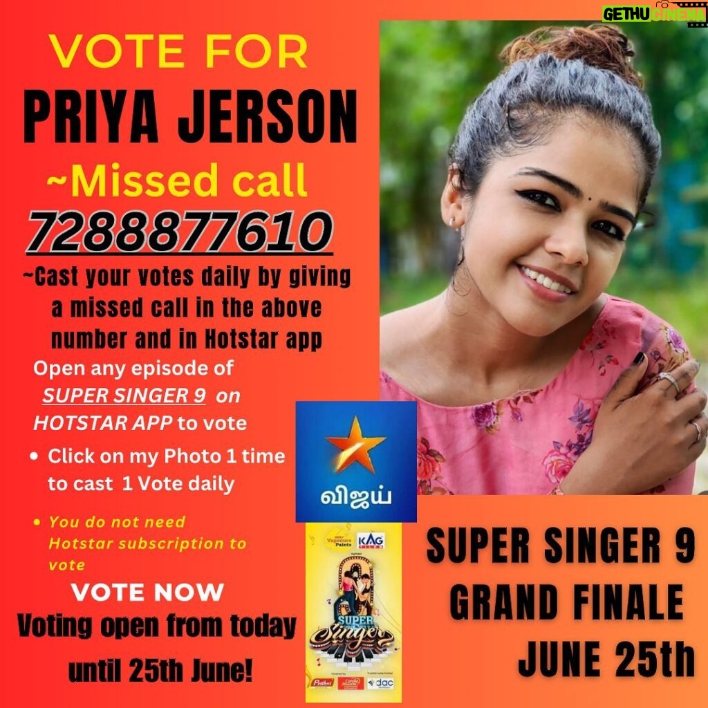 Priya Jerson Instagram - Thank you all for showering me with your love and support till now❤️🙏🏽 Finally im gonna perform on the grand finale stage of Super Singer Season 9 on June 25th. The voting lines are open now until 25th June and dont forget to vote for your favourite contestant ❤️ #supersinger #supersinger9 #vijaytelevision #priyajerson