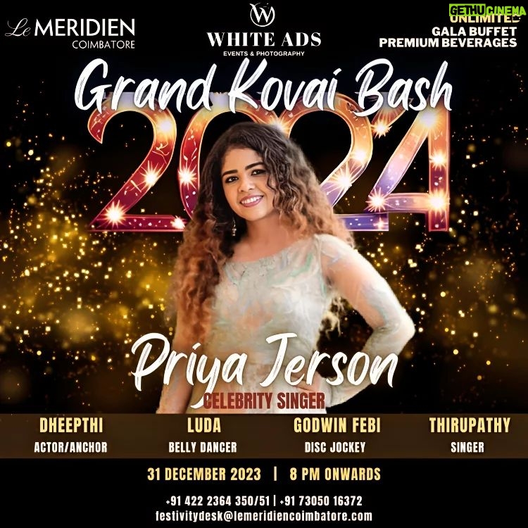 Priya Jerson Instagram - "The stage is set, the lights are dimmed, and the music is ready to play. Beautiful and charming Singer PRIYA JERSON is coming to entertain u all with her unbelievable voice ...Join us for the GRAND KOVAI BASH by LE MERIDIEN ,COIMBATORE ..the most happening new year party experience that will leave you with unforgettable memories." @priya.jerson @lemeridien_coimbatore @dheepthi_kapil @dj_godwin_febi #bellydancerluda #thirupathysinger #lemeridien #newyearparty #priyajerson Le Meridien Coimbatore