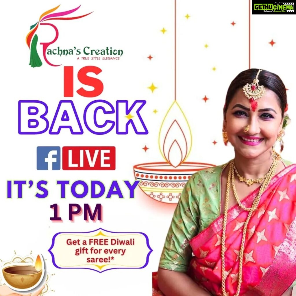 Rachna Banerjee Instagram - Shubho Bijoya & Festive wishes to All!🙏❤️ 🎉Excited to announce that Rachna's Creation is BACK with the FB LIVE with a DHAMAKA!🎊🧨✨️JOIN the FB LIVE at 1PM TODAY and get a FREE DIWALI GIFT with EVERY SAREE! DON'T MISS! 🛍️🛒🎁🎊 #shubhobijoya #FBLive #ITSTODAY #diwali #diwaligifts #dhamaka #festivewishes #festivevibes #FestiveFashion #festiveoffer #festivewear #fb #instagood #instagram #monday #potd #Fashionista #fashionstyle #saree