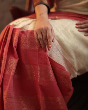 Swastika Mukherjee Instagram - May we always find the joy of wearing our mother’s sarees in ways we like. 
@swastikamukherjee13 in her Mother’s Tant recreated by us on handloom. Golden zari woven in geometric and florals all over the upper half and red with horizontal zari patterns on the lower. Half Half sarees were extremely popular then and now. This one is a shade of white and gold with dudhey aalta. Subtle, beautiful. Paired with a red checkered blouse with a beautiful Chettinad border.
Styled by @rishabhad 
Managed by @lipstickler 
Photography: @upaharbiswas 
Make up: @prosenjit4867 
Hair : @mallicknita.bigbi 
Thank you @ranit.maiti for the space.