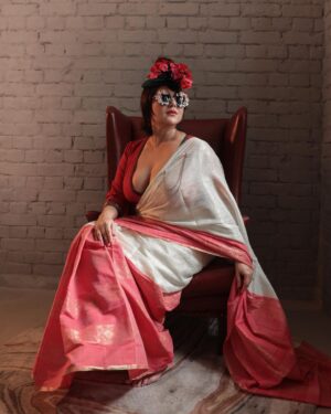 Swastika Mukherjee Instagram - May we always find the joy of wearing our mother’s sarees in ways we like. 
@swastikamukherjee13 in her Mother’s Tant recreated by us on handloom. Golden zari woven in geometric and florals all over the upper half and red with horizontal zari patterns on the lower. Half Half sarees were extremely popular then and now. This one is a shade of white and gold with dudhey aalta. Subtle, beautiful. Paired with a red checkered blouse with a beautiful Chettinad border.
Styled by @rishabhad 
Managed by @lipstickler 
Photography: @upaharbiswas 
Make up: @prosenjit4867 
Hair : @mallicknita.bigbi 
Thank you @ranit.maiti for the space.