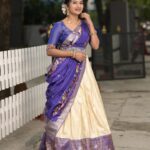 Vishnu Priya Instagram - Peace out ✌️ . Wearing: @swan_designerstudio 💙 . 📷: @wedlove_films 💙 . Makeover by @s.bhavani_hairstyler 💙 . . . #halfsaree #tradional #attire #outfit #photographer #photography #makeup #hairstyles #family #show #teluguactress #thankyouall #spreadpositivity #spreadlove #spreadpositivity #sidshnu #subscribe #like #share #comment