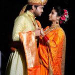 Vishnu Priya Instagram - Rajasthani raja with his rani 🧡 . Beautiful cople outfits designed by @labelpurple Thank you so much for such pretty outfits & this attire made us look more prettier 🧡 Guys follow thier page & grab yours..! . Clicked by @happy_portraits_photography 🧡 Thank youuuuuu for this amazing pictures…! . Makeover by @praneetha_beautymakeover Thank you darling 🧡 . . #rajasthan #rani #raju #family #familyno1 #zeetelugu #show #bonding #life #blessed #dontmisstowatch #thankyou