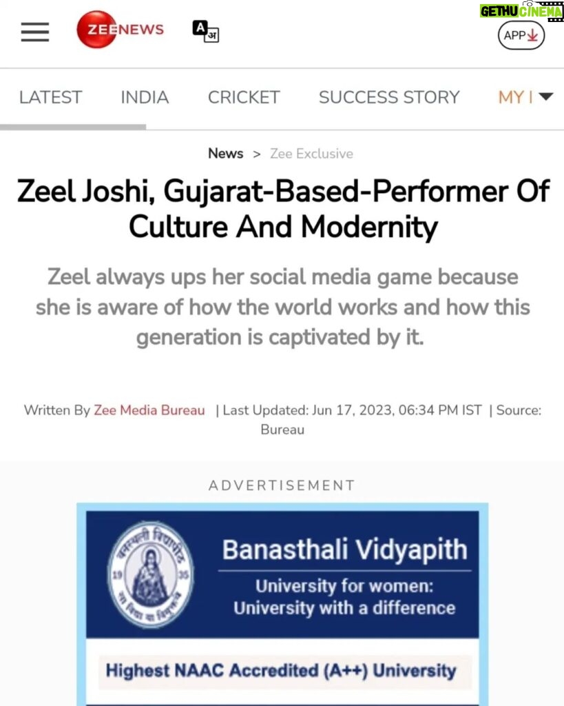 Zeel Joshi Instagram - Thank u so much @zeenews for article #zeenews#article#news##zeeljoshi