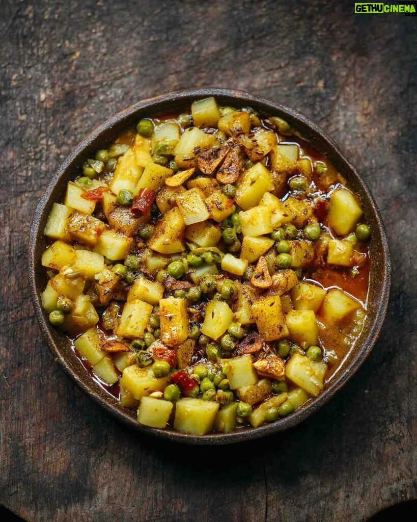 Adam Liaw Instagram - Tonight’s dinner. Aloo matar with brown butter garlic tadka. Aloo matar (potatoes and peas) is a classic Indian dish cooked with cumin and spices of which there are endless variations. The addition of the brown butter tadka is a game-changer (if I do say so myself). So good.