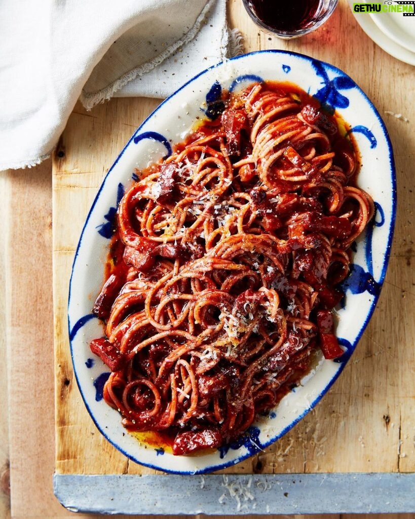 Adam Liaw Instagram - If you’re looking for Thursday night dinner inspo, you could do a lot worse than this tomato and red wine spaghetti from the Thursday Night Pasta chapter of 7 Days of Dinner. Spaghetti finished in a tomato and red wine base with crisp pancetta and a good amount of parmesan. A super quick dish with lots of flavour.