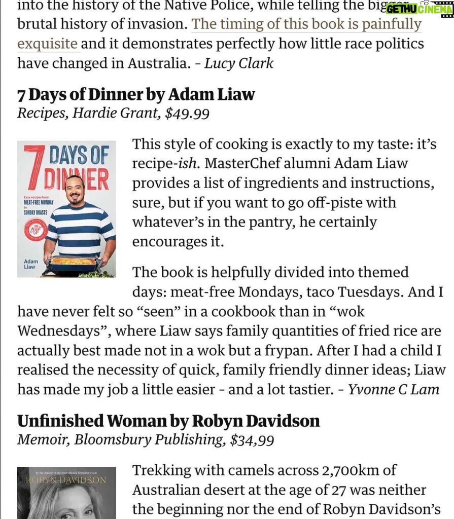 Adam Liaw Instagram - “After I had a child I realised the necessity of quick, family friendly dinner ideas; Liaw has made my job a little easier - and a lot tastier.” Love this review of “7 Days of Dinner” in the @Guardian!