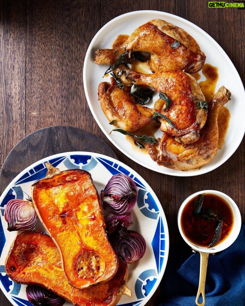 Adam Liaw Instagram - The Sunday Roasts chapter of 7 Days of Dinner isn’t just about big slabs of meat. There’s “roasts” of fish, pork, steaks for sharing and even things like this - Roast chicken Marylands with pumpkin and sage. Roasting Marylands cooks more evenly (breast and thigh cook at different rates so the breast will always be a *little* overdone in even the best roast chickens), it allows you to scale more effectively than just buying smaller or larger chickens, and this way everyone gets a thigh and drumstick.
