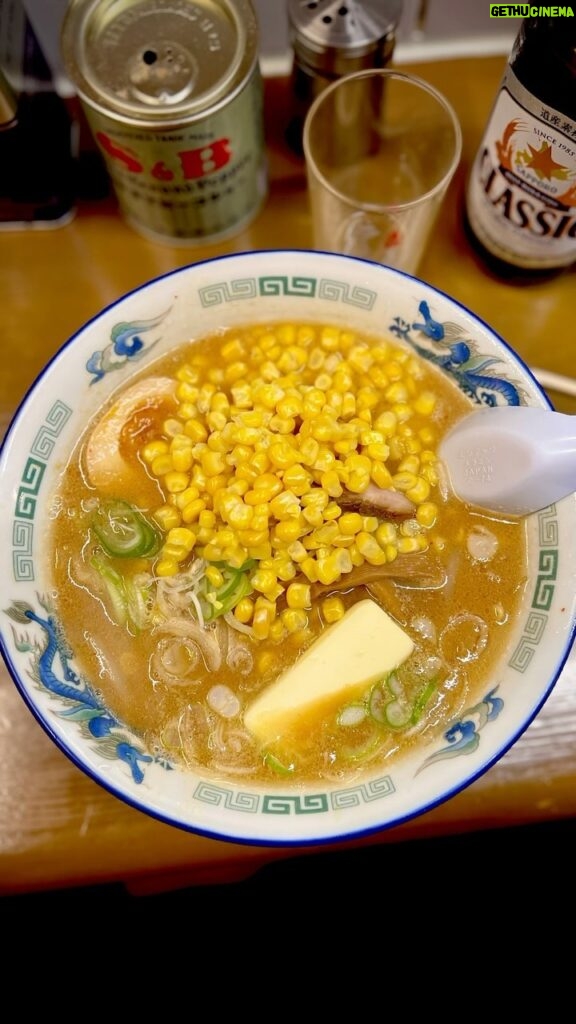 Adam Liaw Instagram - First meal in Sapporo. Corn butter Sapporo ramen from Tenhou. Sapporo is famous for miso ramen, often adding Hokkaido specialties (like corn and butter). My advice for ramen in Japan is to pay attention to all the details. In this case the things that stood out for me were the thickness of the spring onion, the fact that it was served with two different types of black pepper for seasoning (Gaban and S&B), the lightness of the miso tare and the springy texture of the noodles.