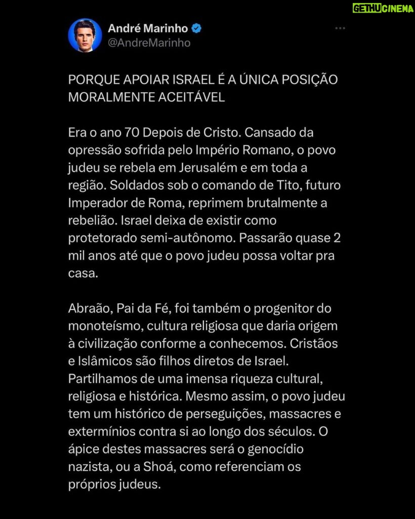 André Marinho Instagram - 🇮🇱 Meu apoio irrestrito ao povo de #Israel após a declaração de guerra perpetrada pelos macabros terroristas do Hamas. Shalom 🙏🏻