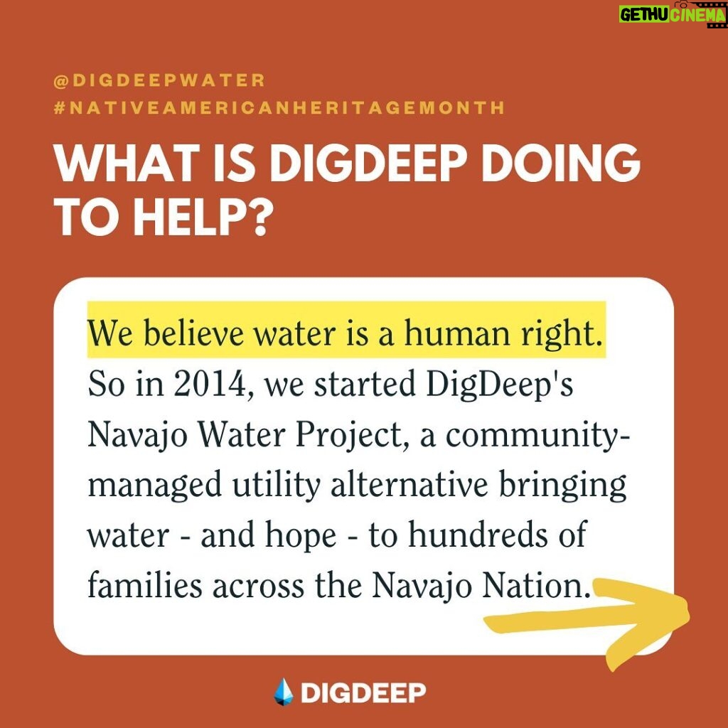 Bella Hadid Instagram - November is #NativeAmericanHeritageMonth in the United States, a time to reflect on the ongoing resilience and contributions of Indigenous communities past and present. I’m proud to highlight the work of @digdeepwater's Navajo Water Project. In the U.S., Navajo are 67x more likely to live without running water or a toilet. That's an injustice. This is due, in part, to continued discrimination and lack of federal investment. If the Navajo Nation (across Utah, Arizona and New Mexico) were a state, it would be the 10th largest. But 30% of families there live without water. They travel for miles hauling buckets of water for their most basic needs. I believe water is a human right, and @digdeepwater is a community-managed project bringing hope and water to hundreds of families across the Navajo Nation. Check the link in my bio to learn more and give, and follow them at @digdeepwater. Please comment below indigenous creatives , organizations, and communities so we can heighten their voices! We live on their land , we need to protect and support their communities just as much as our own.