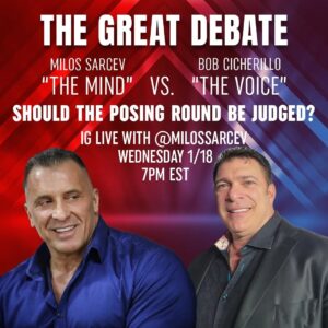 Bob Cicherillo Instagram - THE WAR TO SETTLE THE SCORE....of the posing round!  Me and the Mind go Mano e Mano on the hotly contested subject ( at least by Milos) of whether the POSING round should/shouldn't be a part of the scoring process.