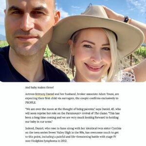 Brittany Daniel Instagram - We’re pregnant!! @adam.touni and I are thrilled to announce we’re expecting our first child in the fall, via surrogate! What a journey it’s been! @people thank you for your gentle support in sharing my journey through cancer, survival, our wedding and now our journey into parenthood. We can’t wait to share more of our story with you all! @michaelsegalphoto #surrogacy #purejoy #ThereIsAlwaysHope