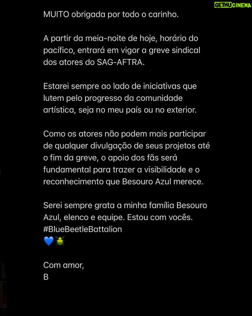Bruna Marquezine Instagram - REPOST @xolo_mariduena Having a hard time finding any words that can share how appreciative and honored I am to have completed this journey with my blue beetle family. To my beautiful cast mates, thank you so much for being the reason I am here, I stand on your shoulders and this movie is incomplete without you. To the wonderful crew that welcomed me to this new world, thank you for your hospitality and kindness, you all are the only people for the jobs. And finally to Angel, thank you for being the best papa out there, to have collaborated on this with you is an experience I will hold forever in my heart and I can't wait to fucking do it again. You are my rock. To the blue beetle battalion I love y'all. See y'all in the theater.