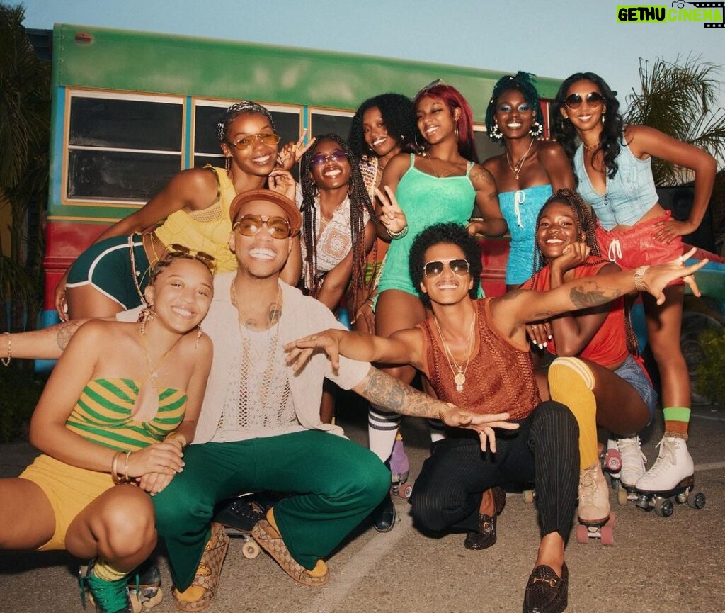 Bruno Mars Instagram - Give it up for the true stars of our video, The Silk Sonic High Rollers! These ladies were killin it all day in the sun and bringing nothing but good vibes! #Skate out now. 🛼✨