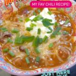 Catherine Bell Instagram – Easy quick Super Bowl (or any time) chili! 😋 add sour cream, shredded cheese, chives, jalapeños, and crumble Fritos!! Yum! 

1 lb. ground beef we used 15% fat
1/2 medium yellow onion finely diced
1 tablespoon minced garlic
1 15-oz. can pinto beans drained and rinsed
1 15-oz. can kidney beans drained and rinsed
1 15-oz. can tomato sauce
1 15-oz. can diced tomatoes
3 tablespoons tomato paste
1 tablespoon maple syrup
3 tablespoons chili powder
2 teaspoons garlic powder
2 teaspoons ground cumin
1/2 teaspoon smoked paprika
1/2 teaspoons salt
1/4 teaspoon ground pepper
1 cup beef or chicken broth 

Optional toppings
shredded cheddar cheese
Fritos – the best!! 
green onion

First, heat a large stockpot over medium/high heat.
Then, add ground beef, yellow onion, and minced garlic and sauté for 7-10 minutes or until beef is fully browned.
Next, add pinto beans, kidney beans, tomato sauce, diced tomatoes, tomato paste, and maple syrup to the pot and stir to combine.
Add spices and 1 cup of broth and stir to combine.
Bring beef chili to a boil, then reduce heat to low and let simmer for 10-15 minutes to thicken.

ENJOY! 😉

#nfl
#superbowl #chili