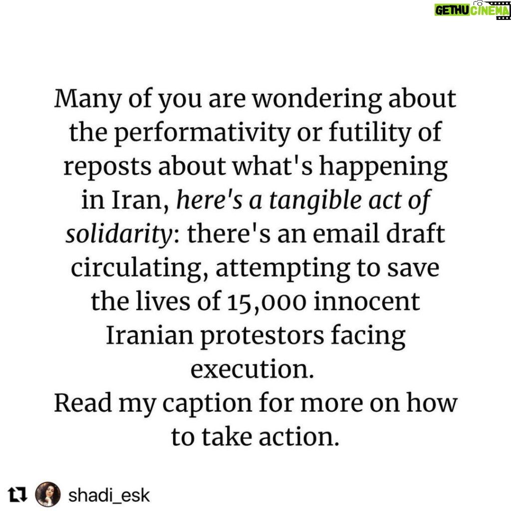 Catherine Bell Instagram - Please click on the link in my bio and sign this petition ASAP!!! 🙏🏼🙏🏼🙏🏼 #Repost @shadi_esk with @use.repost ・・・ Did you know the current president of Iran was one of four people involved in the 1988 mass executions that took place? In 5 months, this “death committee” oversaw the execution of thousands of political prisoners, after having systematically disappeared, detained and tortured them. Five months of death after death. No due process. A political purge. The numbers are said to be around 4000 to 30,000. Prisoners were hung in groups of six, from cranes in half-hour intervals, thrown into mass graves at unknown locations. In response to dissidence, the IR judiciary system often holds kangaroo courts, without lawyers, a jury, or any due process, and they accuse and sentence someone to death in less than 15 minutes. And now, like 1988, history is repeating itself. On November 6th, 227 members of the 290-seat Parliament of Iran called on the judiciary to issue executions for 15,000+ protestors who have recently been arrested. They have already begun handing out death sentences. There is a prepared email draft written by diaspora Iranian lawyers and activists (first posted by @alsoknownas.e) that is ready to be sent to the UN, the White House and new agencies worldwide. All you have to do is click the link and it all shows up ready for you to send. Many of you are wondering about the performativity of reposts (though they are crucial), please send this email as a tangible act of solidarity. It will make a difference and save the lives of 15,000 innocent people. This is the link: tinyurl.com/2p956jm2 I have also provided the link in my bio. This action is absolutely urgent. Time is of the essence.