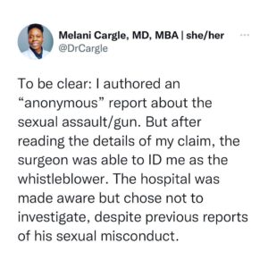 Charles S. Johnson IV Instagram - 🚨sexual assault and medical racism 🚨

Dr. Cargle was a @UCLA medical student when she reports being forced to watch her supervising surgeon at @harbor_ucla sexually assault his unconscious, anesthetized Black male patient. 

Dr. Cargle authored an “anonymous” report about the sexual assault/gun. But after reading the details of her claim, the surgeon was able to ID her as the whistleblower. The hospital was made aware but chose not to investigate, despite previous reports of his sexual misconduct.

She is now being terminated from her LAC+USC Orthopaedic surgery residency. 

NONE of this is okay. 

This must be investigated IMMEDIATELY and the attending must be held to account. 

Dr. Cargle deserves our protection and support above all else at this time.

Repost from @wokedoctors
•

🚨  Please share and repost, and consider donating to Dr. Cargle’s legal defense fund (link in Bio). 

🚨 Please tag any news channel or platform you think would be willing to amplify this story. 

#ucla #harborucla #uclahealth #harboruclamedicalcenter #harboruclamedicalcenter #orthopedics #orthopaedics #ortho #patient #healthcare #doctor #doctors #advocacy #medicalracism #sexualassault #metoo
