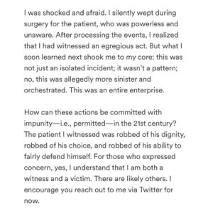 Charles S. Johnson IV Instagram - 🚨sexual assault and medical racism 🚨

Dr. Cargle was a @UCLA medical student when she reports being forced to watch her supervising surgeon at @harbor_ucla sexually assault his unconscious, anesthetized Black male patient. 

Dr. Cargle authored an “anonymous” report about the sexual assault/gun. But after reading the details of her claim, the surgeon was able to ID her as the whistleblower. The hospital was made aware but chose not to investigate, despite previous reports of his sexual misconduct.

She is now being terminated from her LAC+USC Orthopaedic surgery residency. 

NONE of this is okay. 

This must be investigated IMMEDIATELY and the attending must be held to account. 

Dr. Cargle deserves our protection and support above all else at this time.

Repost from @wokedoctors
•

🚨  Please share and repost, and consider donating to Dr. Cargle’s legal defense fund (link in Bio). 

🚨 Please tag any news channel or platform you think would be willing to amplify this story. 

#ucla #harborucla #uclahealth #harboruclamedicalcenter #harboruclamedicalcenter #orthopedics #orthopaedics #ortho #patient #healthcare #doctor #doctors #advocacy #medicalracism #sexualassault #metoo