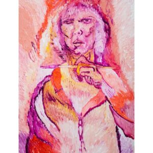 Chrissie Hynde Instagram - One Brush September, 24 September 2019
 
“Another dreaded self-portrait. This was especially fun and fast. I used the same brush and finished it without cleaning the brush once. Ridley Scott told me that Lucian Freud didn’t clean his brushes either. Bob Dylan told me not to name drop”
 
The final few limited edition prints are available to purchase at chrissiehynde.art/the-sanctum-collection with all proceeds going to Ahimsa Dairy Foundation
 
The exhibition at @karmasanctumldn and Cookham Dean will run until 2nd September.
 
For all enquiries on purchasing Chrissie’s original paintings, contact: charlie@particularideas.com
 
-CHHQ