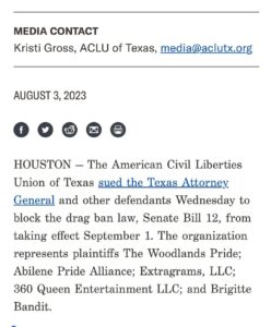 Cynthia Lee Fontaine Instagram - @aclutx sued the Texas Attorney General and other defendants Wednesday to block the drag ban law, Senate Bill 12, from taking effect September 1. The organization represents plaintiffs The Woodlands Pride; Abilene Pride Alliance; Extragrams, LLC; 360 Queen Entertainment LLC; and Brigitte Bandit. B. 12 is an unconstitutional law that violates the First and Fourteenth Amendments and threatens the livelihood and free expression of many Texans, including drag performers. The ban targets any performance that could be perceived as “sexual” and proposes criminal penalties, including up to a year in jail, for artists and others who support them. Simple : We will NOT be silenced ! This goes against our rights ! To the Governor of Texas , lawmakers and senators who support this , we will fight back ! Please support @aclutx and please continue supporting Drag Performers ! #fyp #dragqueen #governoroftexas #humanrights #rupaulsdragrace