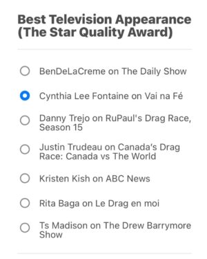 Cynthia Lee Fontaine Instagram - 😍!Como ! ¿ Que Que? 😍

I’ve been nominated for a WOWIE!  For the Best Television Appearance Category for my participation on the Soup Opera / Telenovela from Brasil @tvglobo #vainafé  Im so happy ! 🥫 Vote for me once a day at worldofwonder.net.  Or visit my stories for the link  everyday !! #WOWIES winners will be announced at @rupaulsdragcon! 🤞on May 12-13 , 2023 !  Please support and congrats to all the nominees on this category ! 

#rupaulsdragrace #wowieawards2023 #fyp #nomination #estoyhisterica #BestTelevisionapperance #nominada #shanteyoustay #fromRucostoglamup