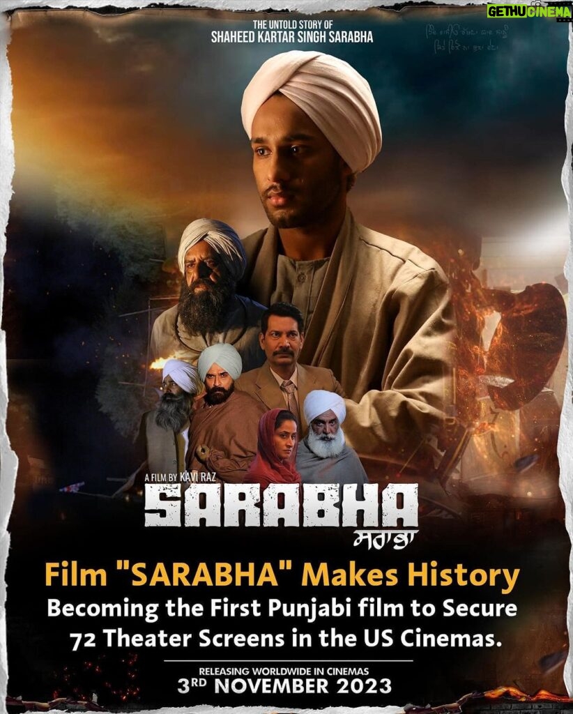 Dave Sidhu Instagram - Record Breaking USA Hosting #Sarabha on 72 Screens First Time in Punjabi Films History #kaviraz #davesidhu #trending