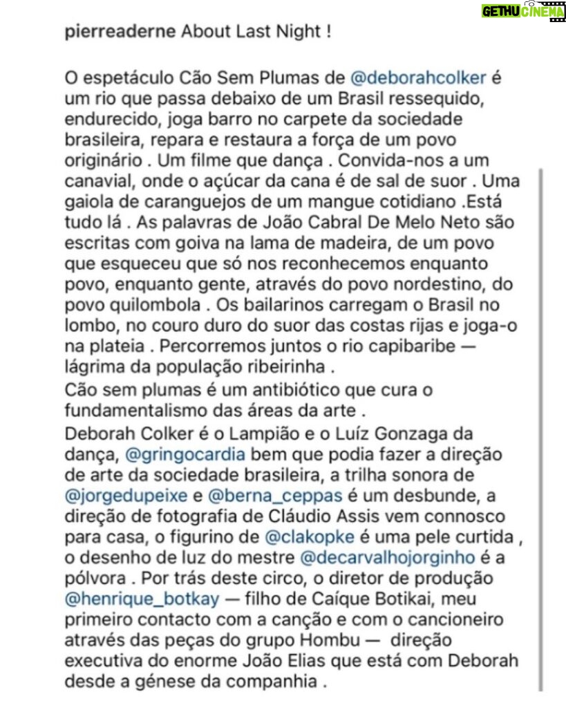Deborah Colker Instagram - Belíssimas palavras de @pierreaderne sobre ‘Cão Sem Plumas’❤️ (arrasta pro lado) #ciadeborahcolker #cãosemplumas #cãosemplumasemlisboa Lisboa, Portugal