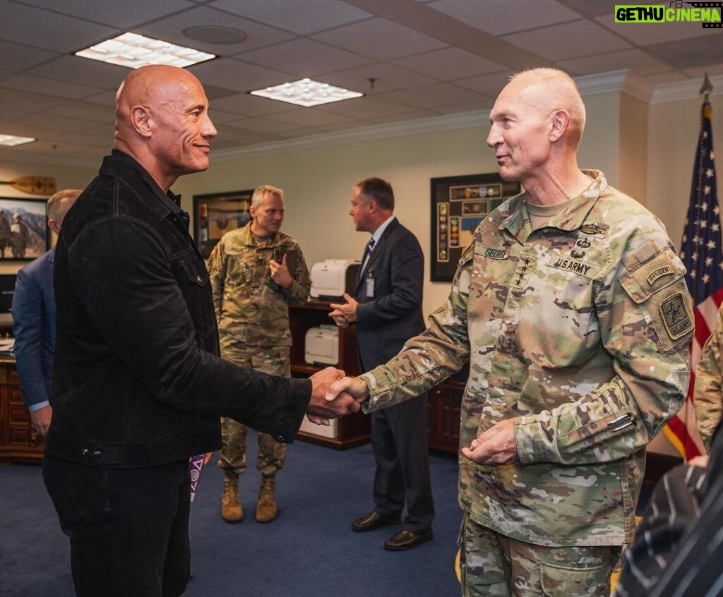 Dwayne Johnson Instagram - Handshakes and eyes mean everything to me, as I know they do to this man as well. General Randy George, Chief of Staff of the Army. Pleasure to meet with you, General and thank you for welcoming us to DC to meet with you and your fellow Generals. General Deb Kotulich General Laura Potter Looking forward to working with you and your team on the task at hand. As always, thank you for your service and I’m sending you the bill for all the selfies I had to take in the Pentagon after our meeting. $7 bucks + tequila. See you soon, sir. Respectfully, Rock