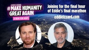 Eddie Izzard Instagram - Only 1 more hour left until Eddie finishes this amazing challenge!!! Eddie is live now with #EwanMcGregor and will be joined by #GeorgeClooney shortly. Donate at www.eddieizzard.com! - The Beekeepers #MakeHumanityGreatAgain