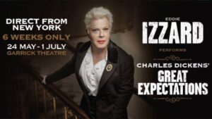Eddie Izzard Instagram - Great to speak with @lorraine about my new solo theatre show of #GreatExpectations, transferring from a sell out New York run to London - May 24 at the Garrick Theatre. Tickets are available at https://ticketing.nimaxtheatres.com/tickets/series/GAGEX01M (Link in Profile)