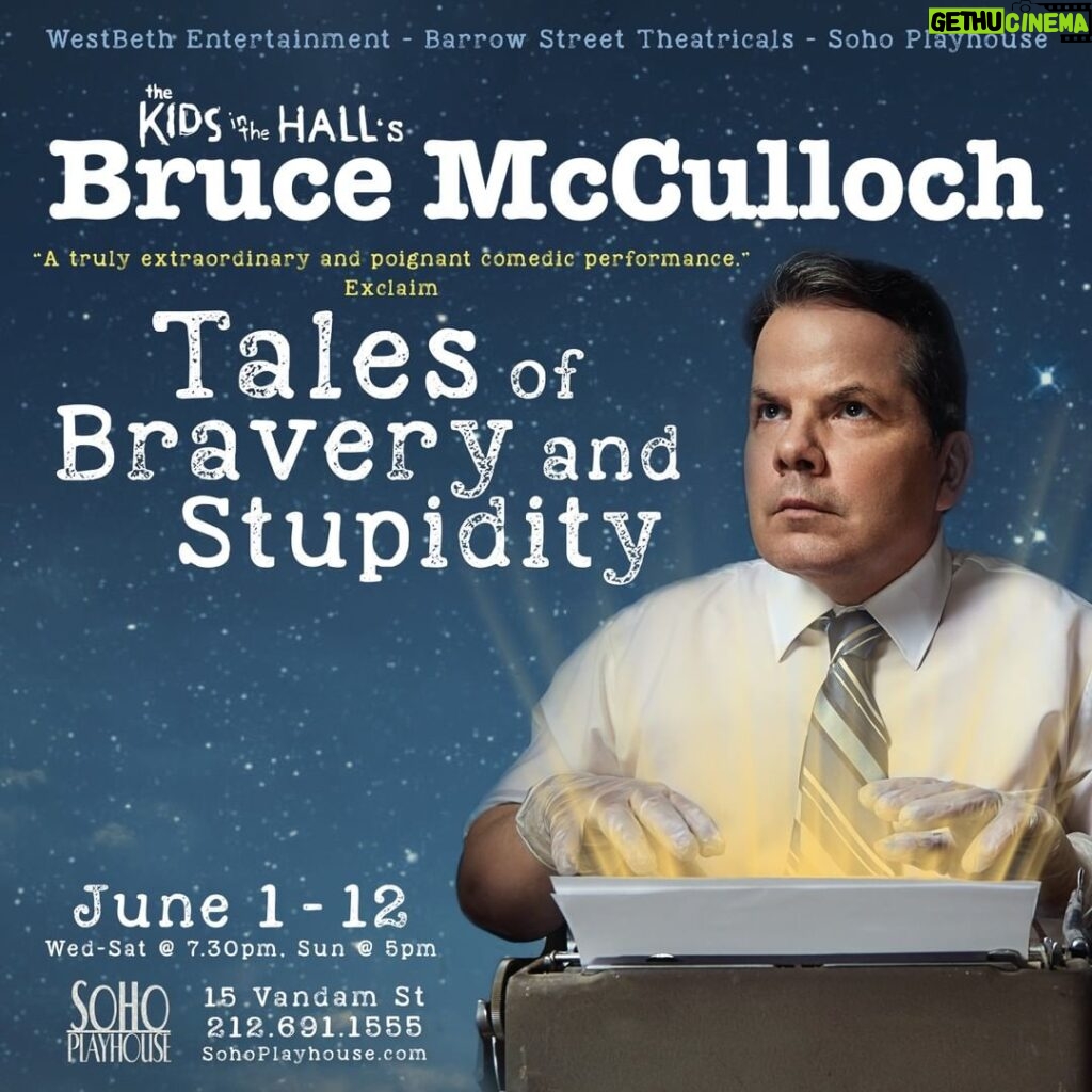 Eddie Izzard Instagram - If you’re in New York in June, go see Bruce McCulloch’s show at the Soho Playhouse, June 1 - 12. I’ve long been a fan of the Kids in the Hall TV series, so it’s great to see Bruce live on stage. I will be going. Get tix at: https://www.sohoplayhouse.com/ https://ci.ovationtix.com/35583/production/1120729 or