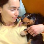 Emilia Clarke Instagram - The 3 stages of Ted’s love language. Licking is introduced at a distance. Zero understanding of human kiss. Screw it gimme your face. #sleepeatrepeat #🥰 #🕺