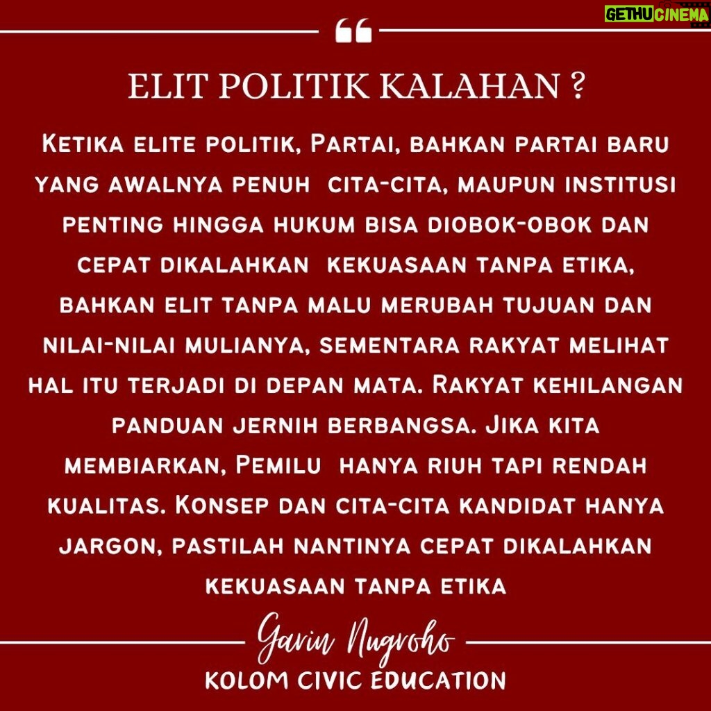 Garin Nugroho Instagram - Elit politik riuh di tampilan dan tanpa malu membenarkan diri , menutupi serba kalahan , mudah tunduk dan berbelok diatur kekuasaan tanoa etika bahkan tak peduli khianati rakyat ? @iskandarloedin @jaffjogja @madanifilmfest @retno_damayanti @jaga_pemilu @bawasluri @erros_djarot @eriksupit @abrahamsamad_ @hanummm @tiopksdw @suara88 @rajaantoni @abrahamsamad_ @adindafudia @analahms @fajarrizaulhaq @masbutet @b.paningron @ajiewartono @siska.raharja @rinadamayanti23 @kamilandini @gibongtr #katahati @jaga.pemilu #jaga_pemilu @shoosugar @madanifilmfest @angginoen @ajishdibyo @budi.irawanto @dyherlin @novikurnia @bless_in_pics