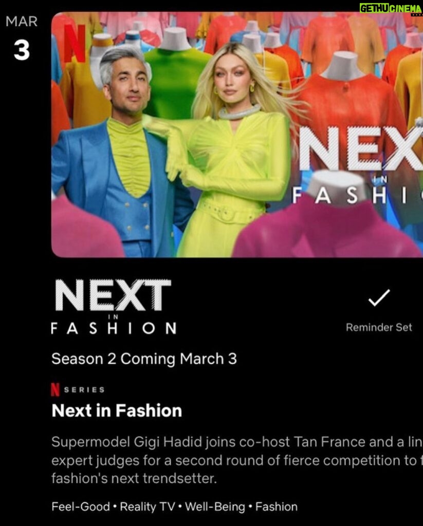 Gigi Hadid Instagram - Set your @netflix reminder ⏰🚨🚨 We’re bringing you some really fun fashion moments MARCH 3rd! @nextinfashion Season 2 @tanfrance 🥳