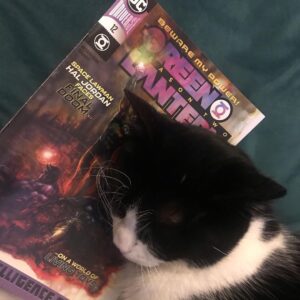 Grant Morrison Instagram - Discovered! The cure for feline insomnia! 
The finale of Green Lantern is out now...
Grant, Liam and Hal say goodbye. 
#greenlantern #dccomics #ultrawar #goodbye