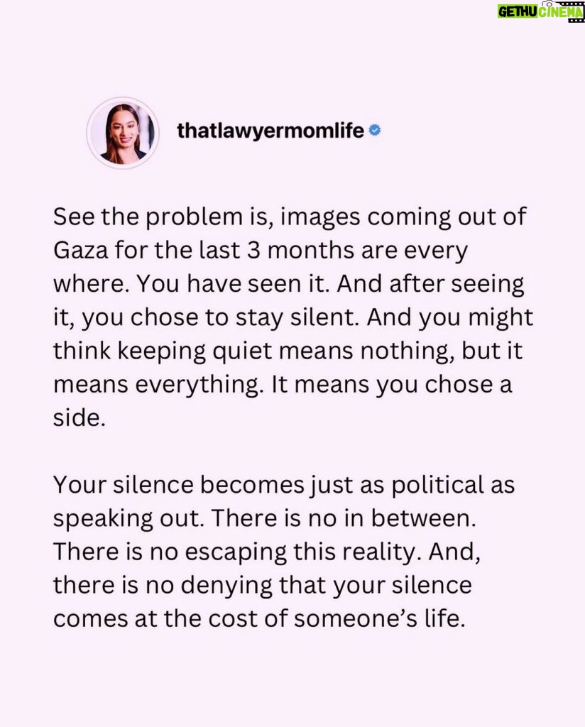 Hāwane Rios Instagram - message 🖤🤍💚♥️ “And if you tell me you’re scared to speak out, then you have zero control of your life.”- @thatlawyermomlife #ceasefirenow #gaza #palestine #westbank #palestinewillbefree #gazaunderattack #idf #israel #2024 #palestineunderattack